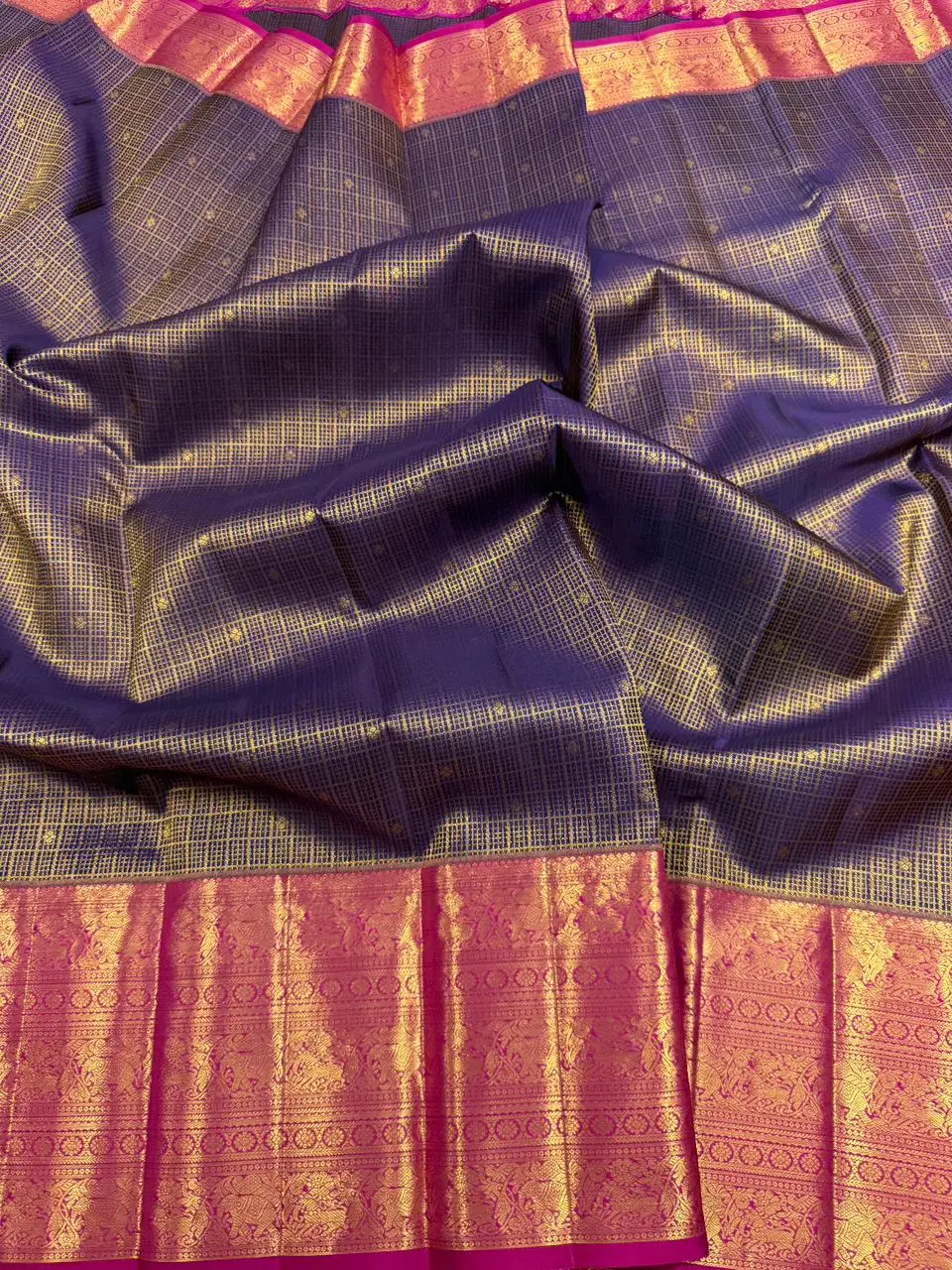 Purple And Pink Dual Shade Bridal Vairaoosi Zari Checks Pure Handloom Kanchipuram Silk Saree Pks036 1