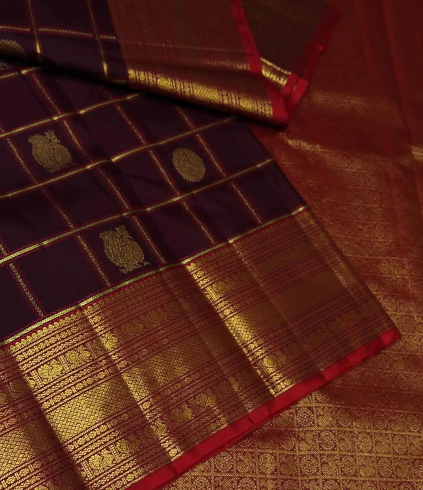 Maroon And Red Kanchipuram Pure Silk With Checks Pattern Vintage Style Saree Pks030 1
