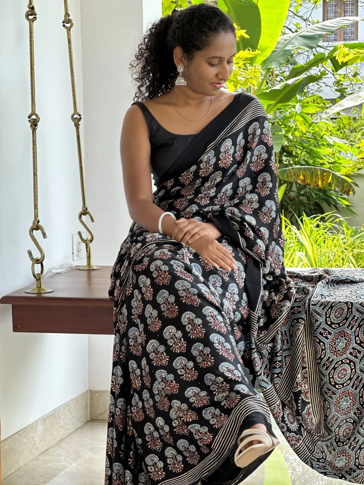 Ajrakh Hand Block Printed Black Modal Silk Saree Pam002 1
